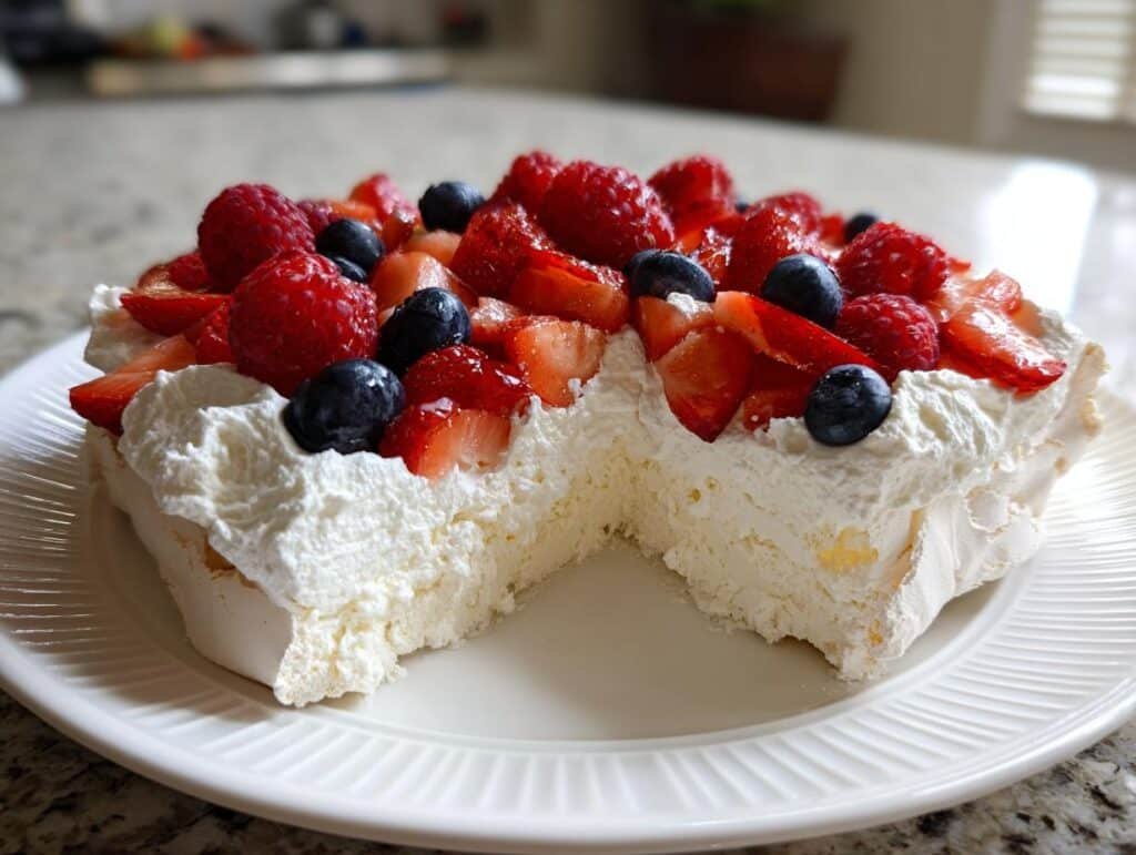 A slice of Holiday Pavlova with Berries, showing crisp meringue, whipped cream, and fresh strawberries, raspberries, and blueberries.