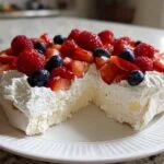 A slice of Holiday Pavlova with Berries, showing crisp meringue, whipped cream, and fresh strawberries, raspberries, and blueberries.