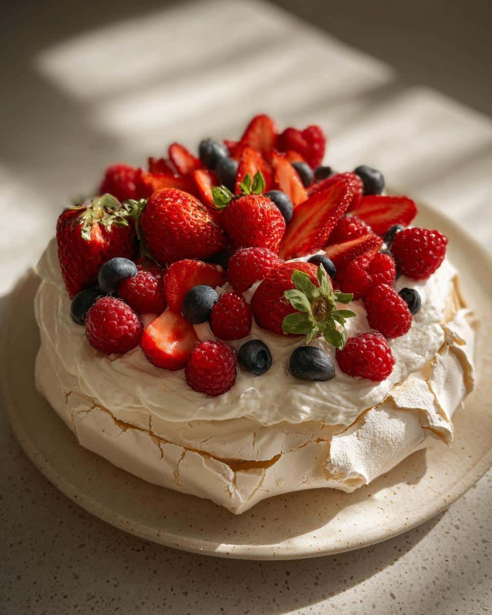 Close-up of a festive Holiday Pavlova with Berries, topped with whipped cream, strawberries, raspberries, and blueberries.