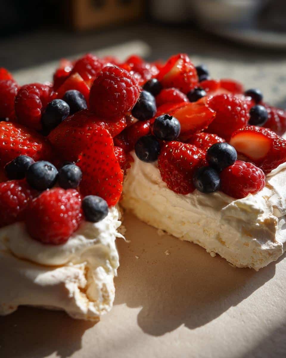 A close-up of a slice of Holiday Pavlova with Berries, showing crisp meringue, whipped cream, and fresh strawberries, raspberries, and blueberries.