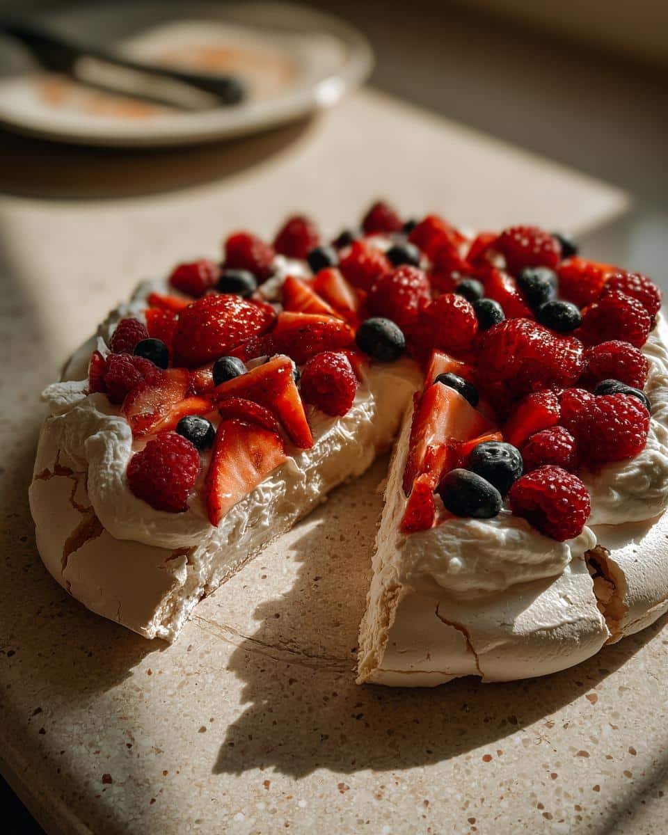 A slice of Holiday Pavlova with Berries, showing the crisp meringue base, whipped cream, and fresh strawberries and blueberries.