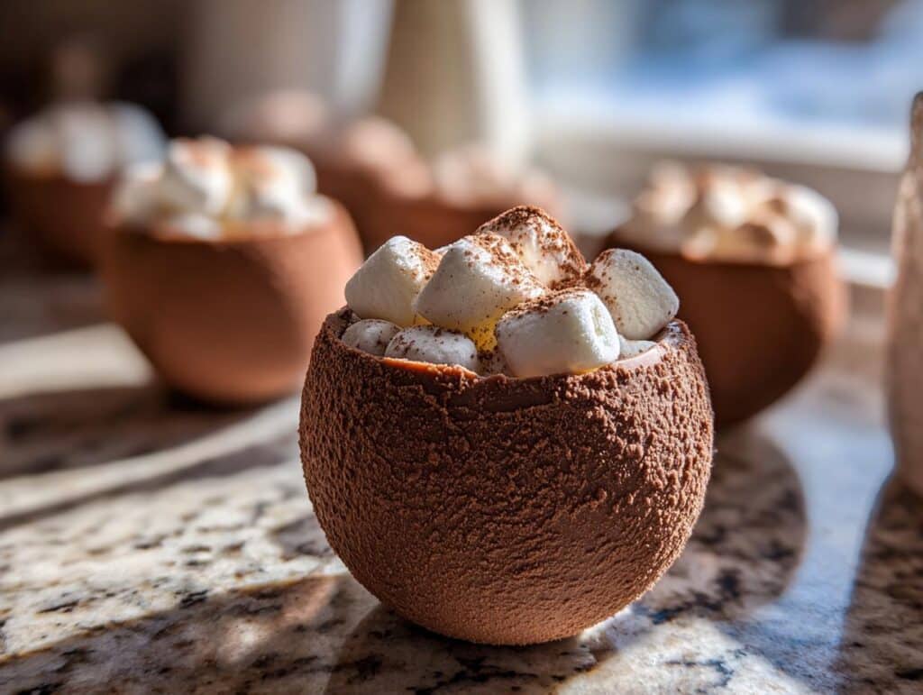 A close-up view of a single, rich chocolate hot cocoa bomb topped with mini marshmallows and dusted with cocoa powder.