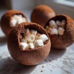 Close-up of a halved Hot Cocoa Bomb revealing mini marshmallows and cocoa powder dusting.