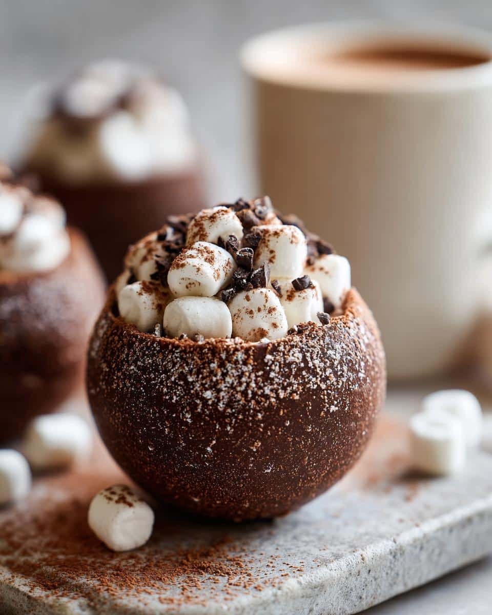 Close-up of a chocolate Hot Cocoa Bomb filled with mini marshmallows and chocolate chips, with a mug of cocoa in the background.