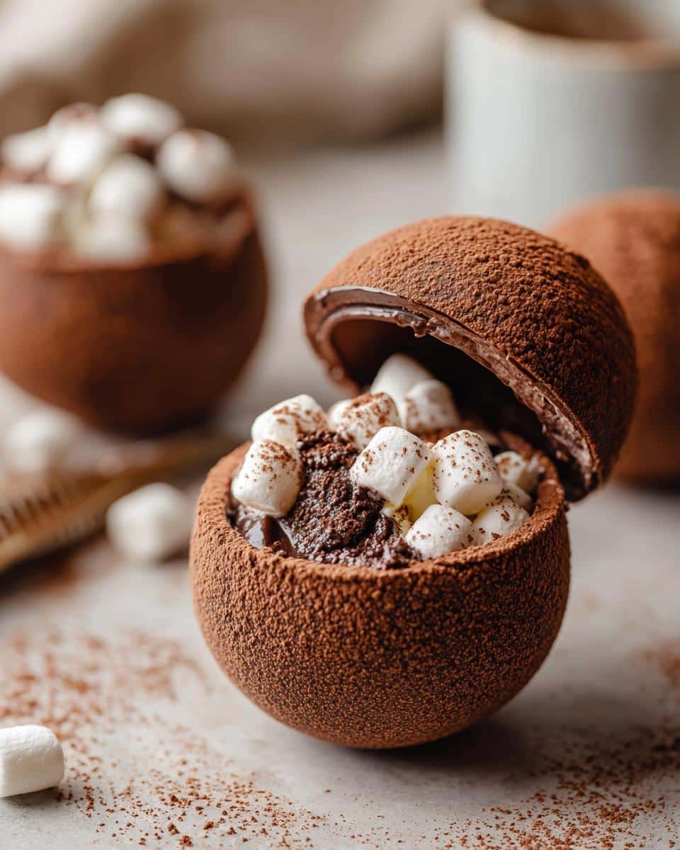 A close-up of a Hot Cocoa Bomb, dusted with cocoa powder, filled with mini marshmallows and hot chocolate mix.