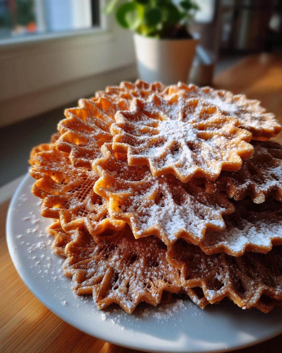 A stack of golden brown, crisp Italian Pizzelle Cookies dusted with powdered sugar on a white plate.
