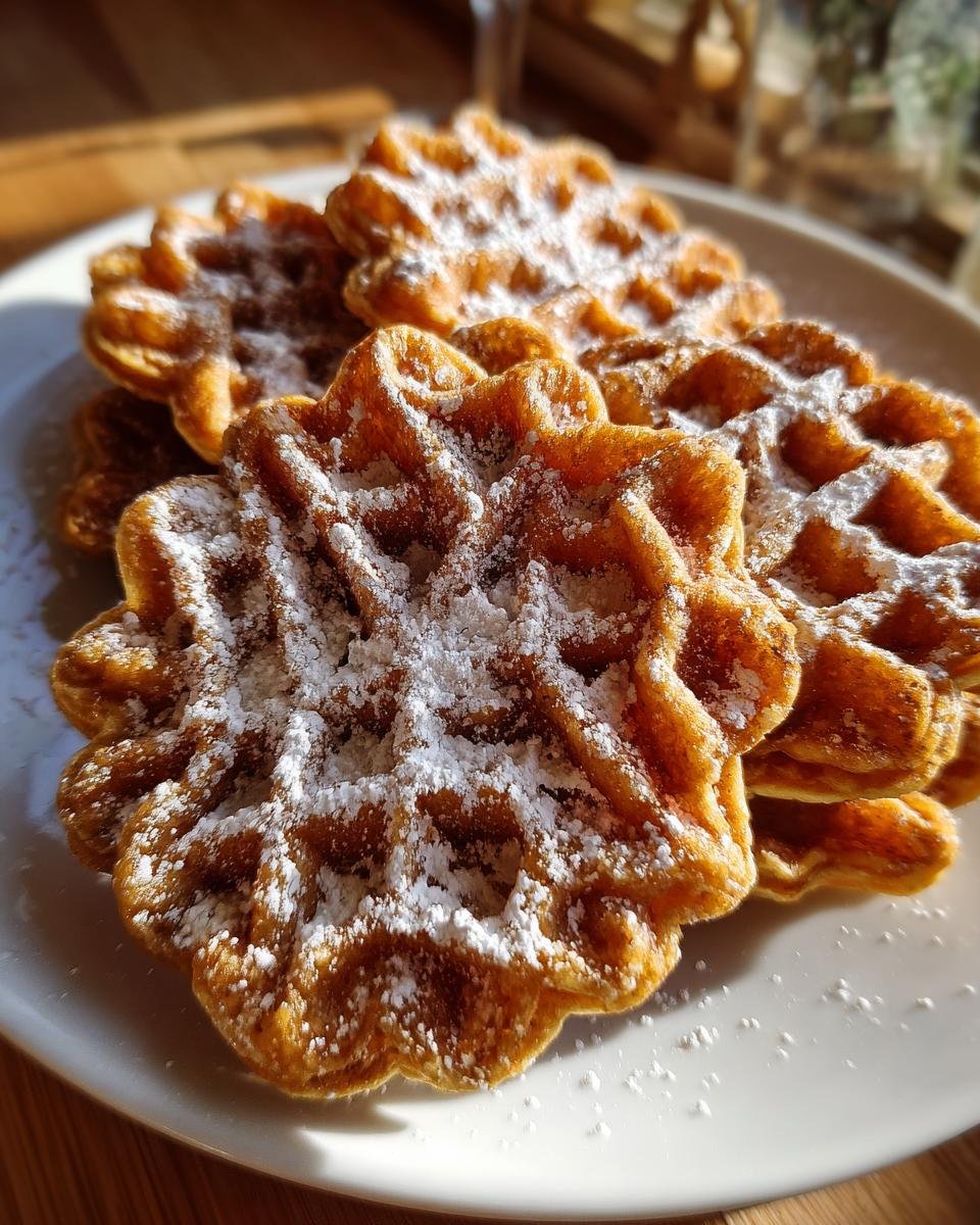 Close-up of golden-brown Italian Pizzelle Cookies dusted with powdered sugar on a white plate.