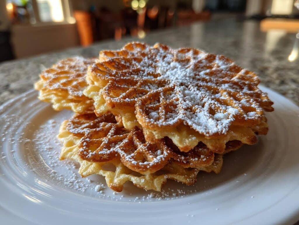 A stack of golden-brown Italian Pizzelle Cookies dusted with powdered sugar on a white plate.