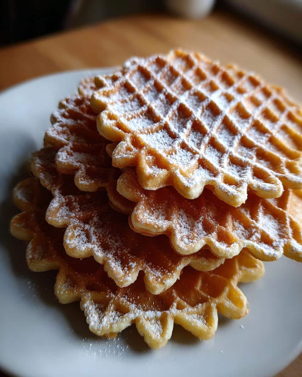 A stack of golden-brown Italian Pizzelle Cookies dusted with powdered sugar on a white plate.