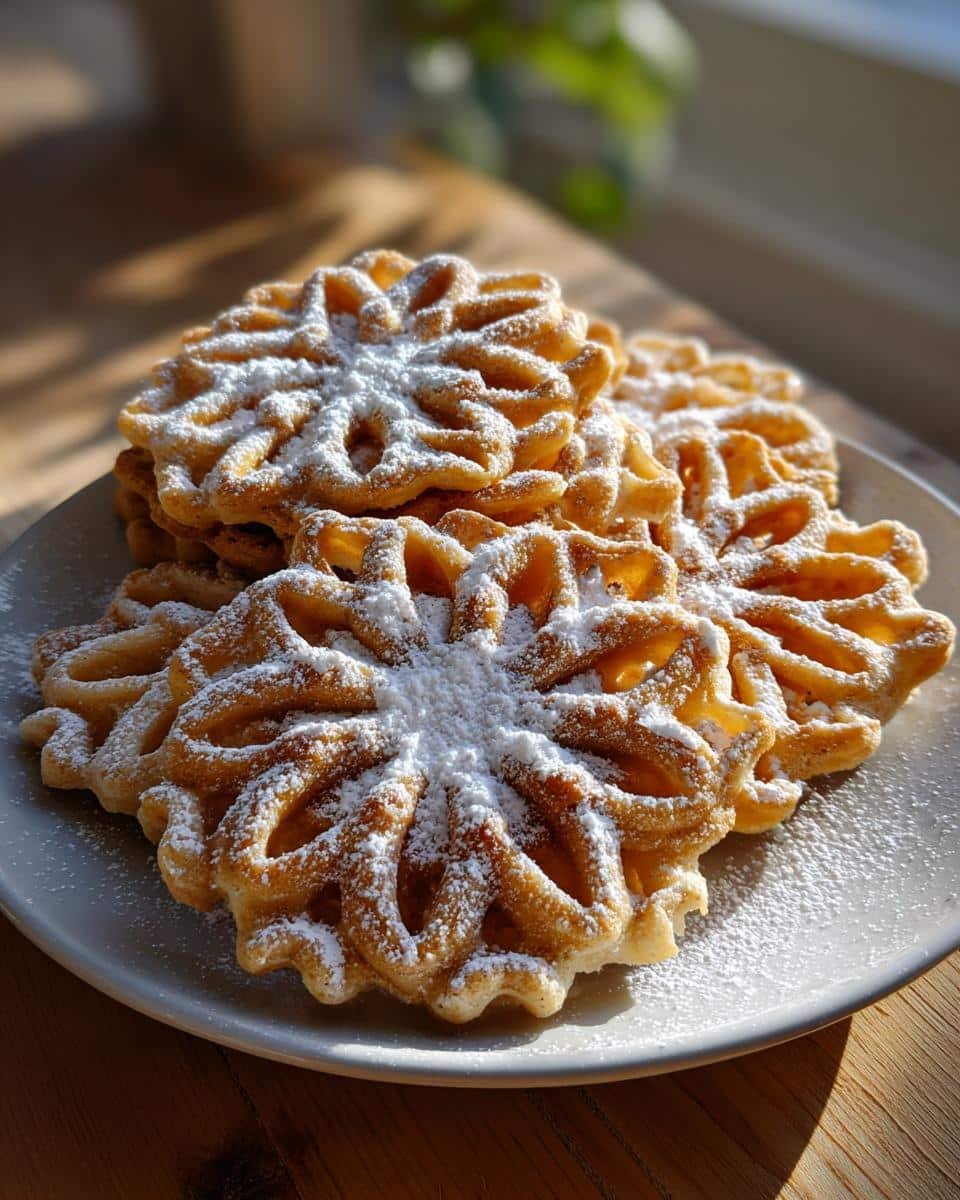 A stack of golden, crisp Italian Pizzelle Cookies dusted with powdered sugar on a plate.