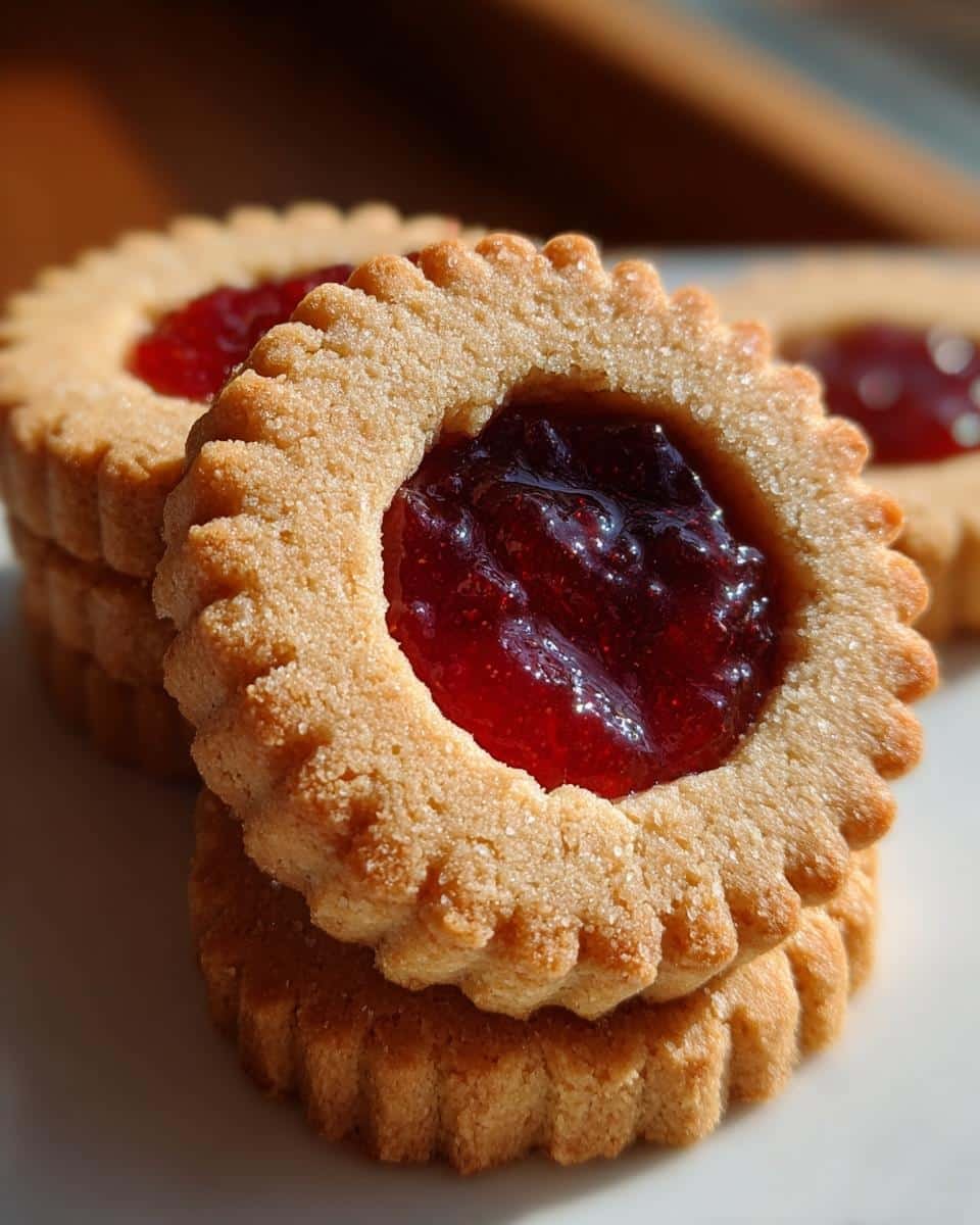 Close-up of two stacked Linzer Cookies filled with bright red jam and a scalloped edge.