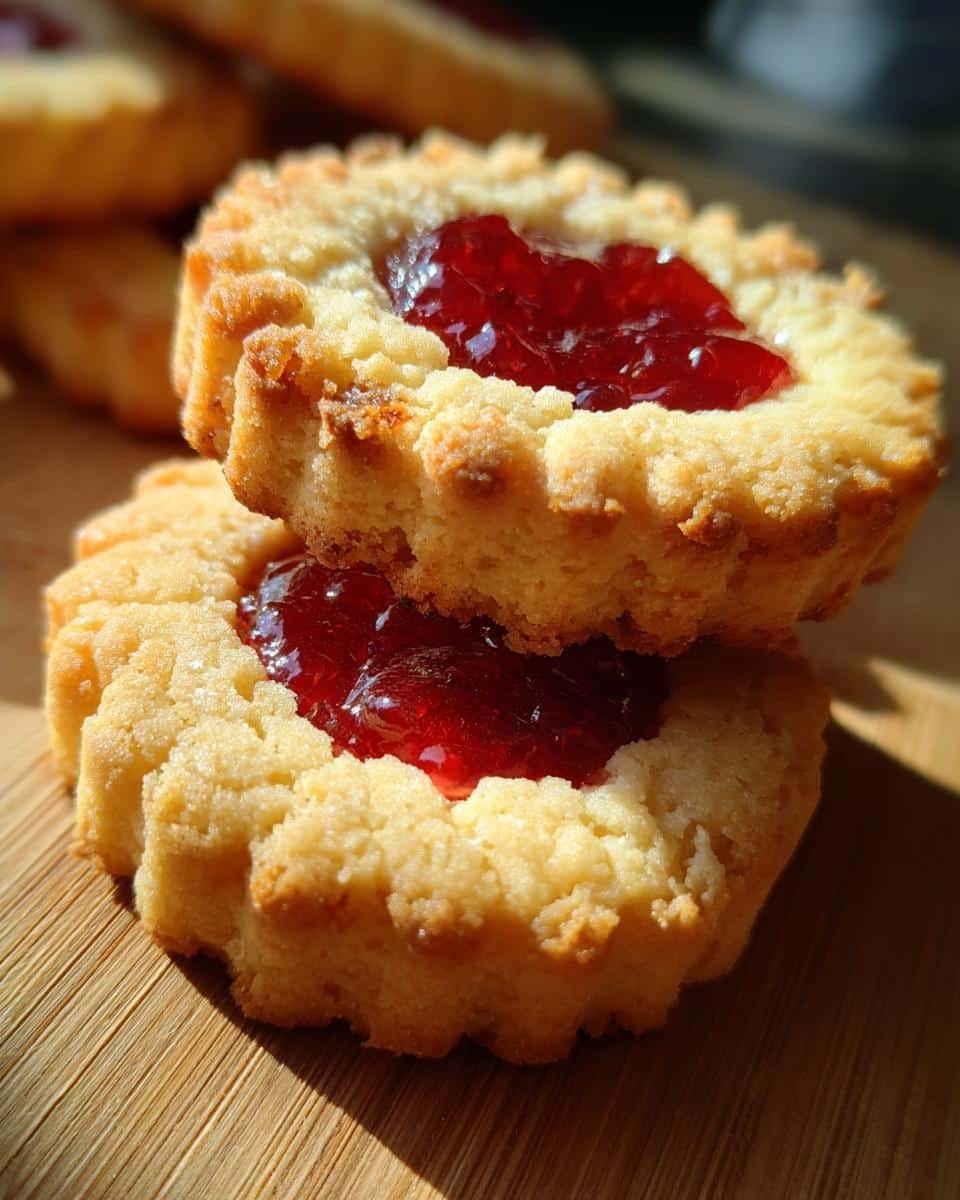 Close-up of two stacked Linzer Cookies filled with bright red jam on a wooden surface.