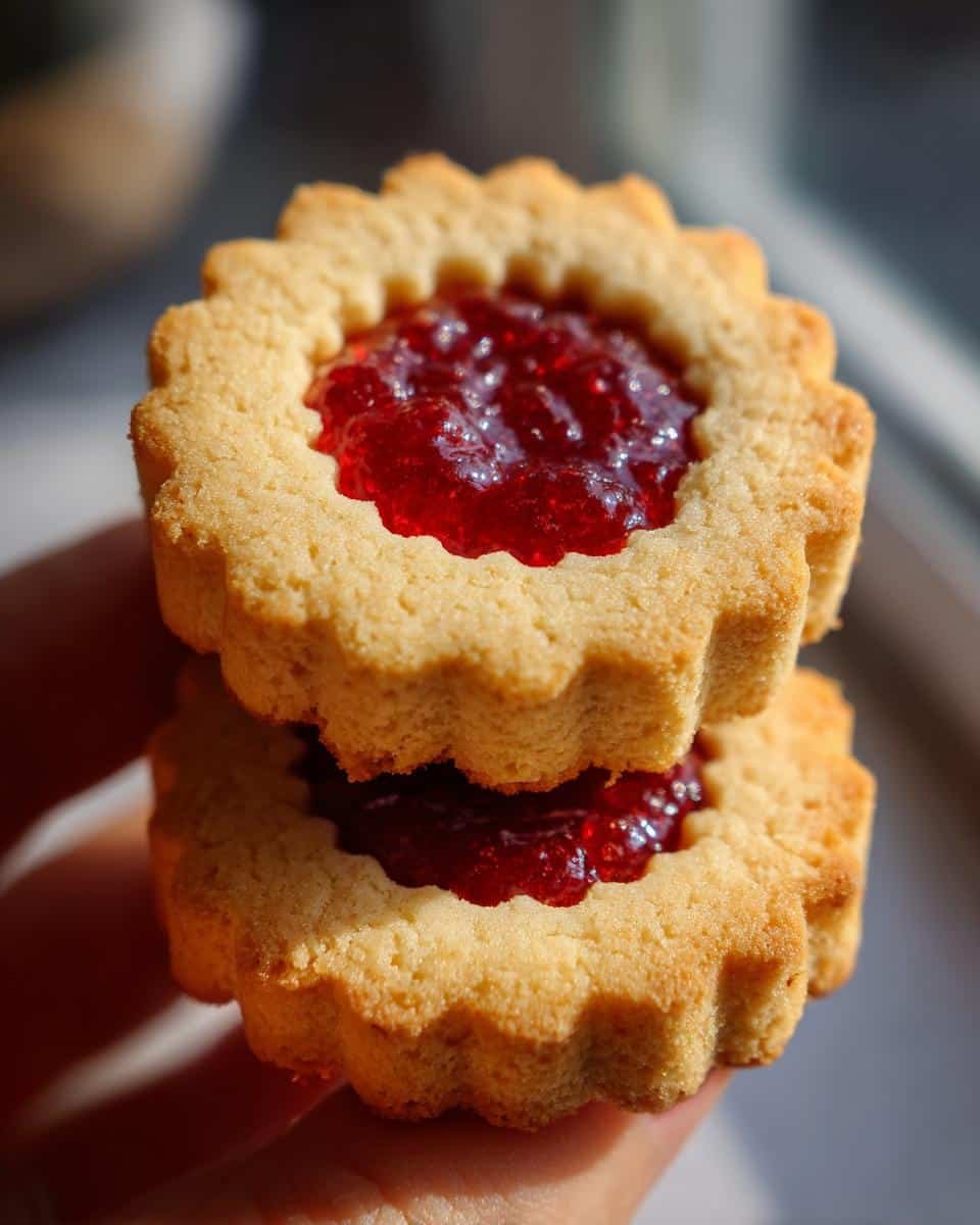 Close-up of two stacked Linzer cookies, showcasing their delicate edges and bright red jam filling.