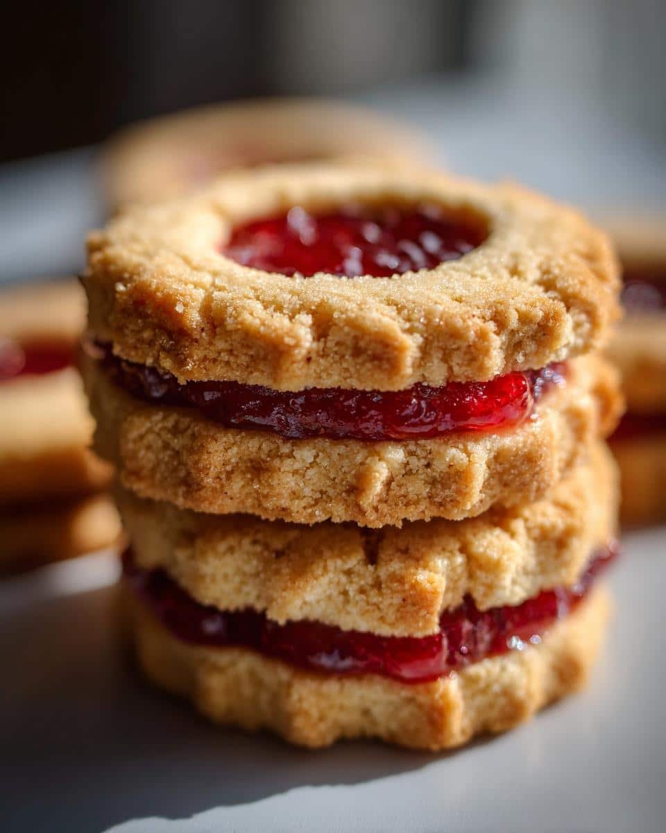 Close-up of a stack of three Linzer Cookies filled with vibrant red jam.