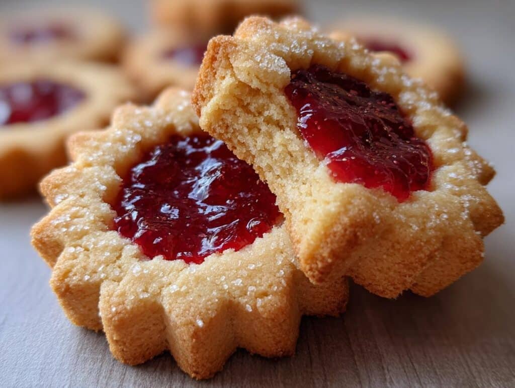Close-up of two star-shaped Linzer Cookies filled with bright red raspberry jam and sprinkled with sugar.