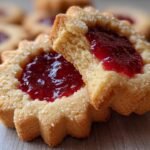 Close-up of two star-shaped Linzer Cookies filled with bright red raspberry jam and sprinkled with sugar.