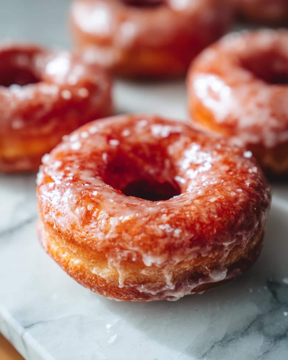 Amazing Maple Glazed Donuts: 12 Steps 7 Close-up of a fluffy Maple Glazed Donut with a shiny glaze and a few sugar crystals.