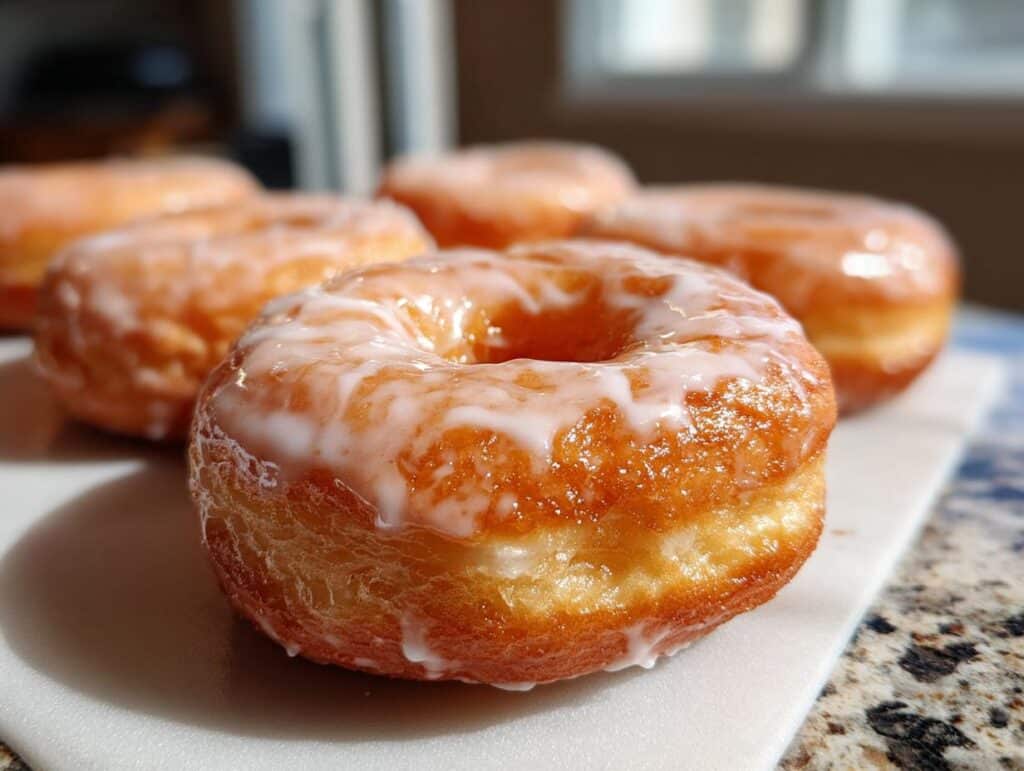 Close-up of a freshly made Maple Glazed Donut, glistening with white glaze and a golden-brown crust.