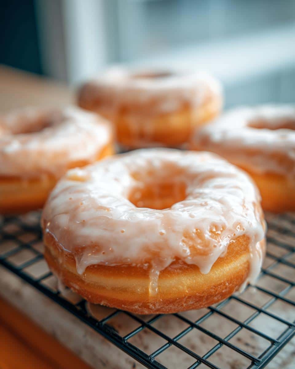 Amazing Maple Glazed Donuts: 12 Steps 6 Close-up of a freshly made Maple Glazed Donut on a cooling rack, with other donuts blurred in the background.