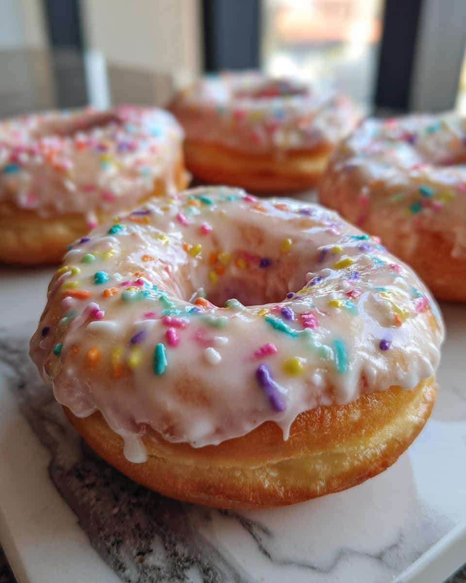 Amazing Maple Glazed Donuts: 12 Steps 9 Close-up of a freshly made Maple Glazed Donut topped with colorful sprinkles.
