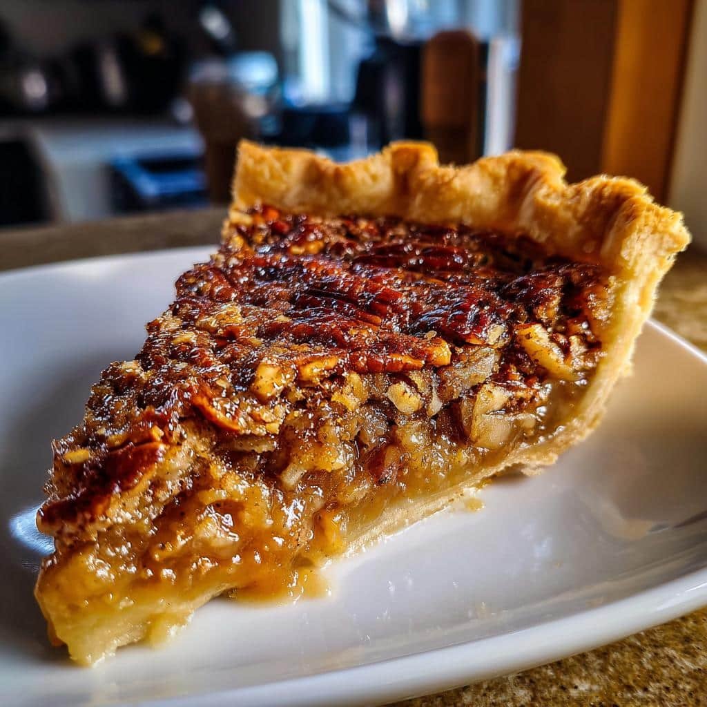A slice of Maple Pecan Blondies on a white plate, showcasing the gooey center and pecan topping.