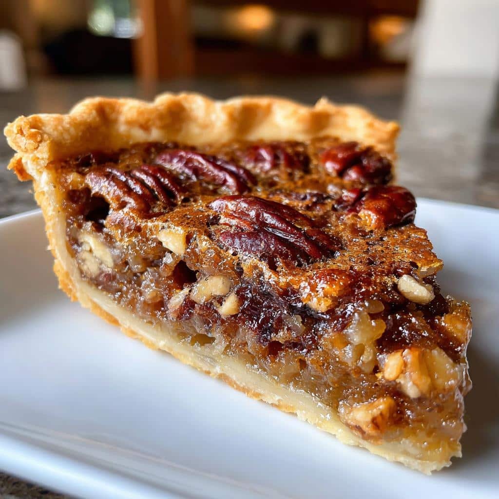 A close-up shot of a slice of Maple Pecan Blondies on a white plate, showcasing the gooey filling and pecan topping.