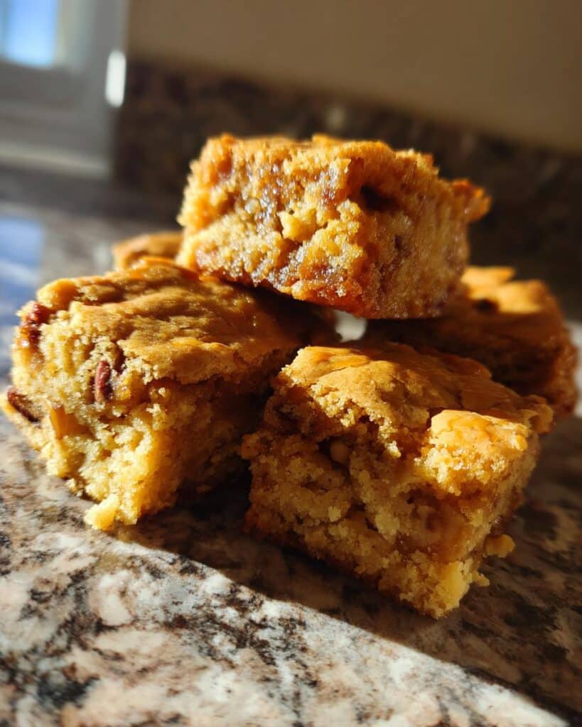 A close-up stack of golden brown Maple Pecan Blondies, showing chunks of pecans within.