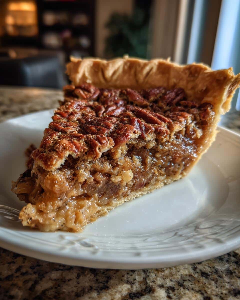 A close-up of a delicious slice of Maple Pecan Pie on a white plate, showcasing the flaky crust and rich filling.