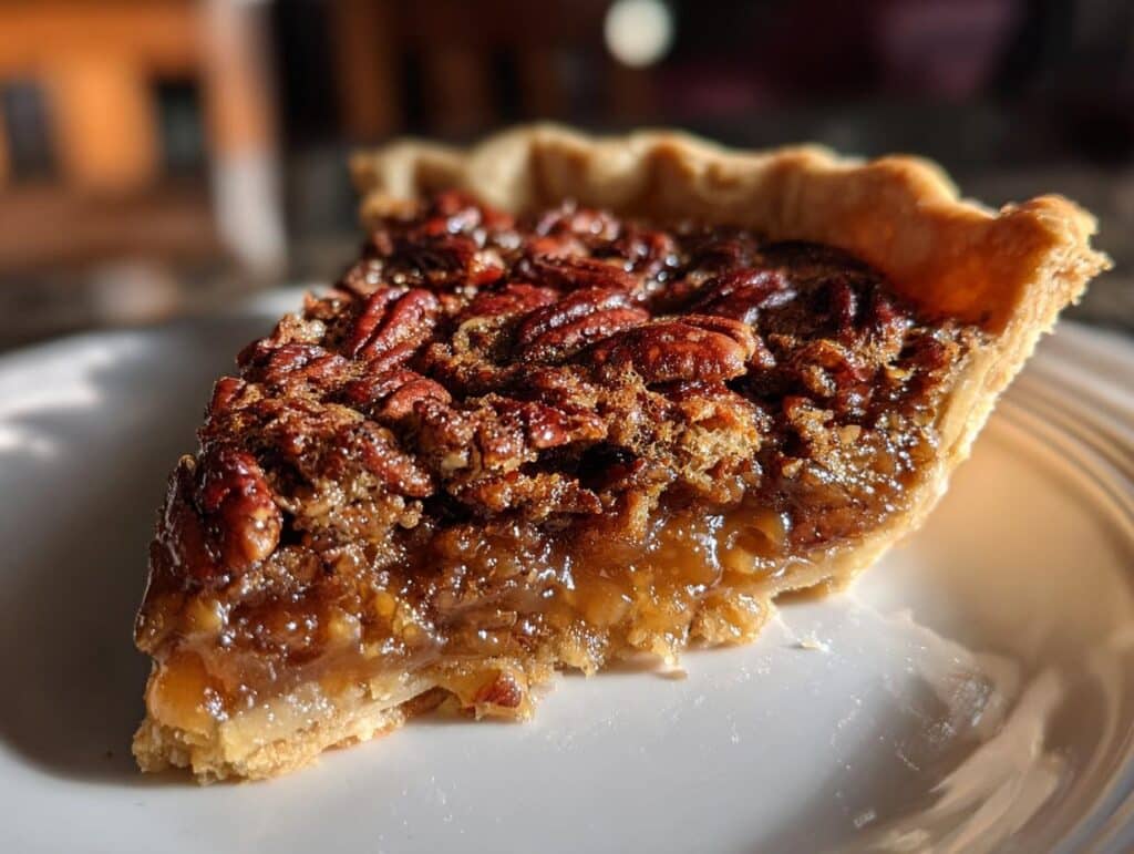 A close-up of a slice of homemade Maple Pecan Pie on a white plate, showing the flaky crust and gooey filling.