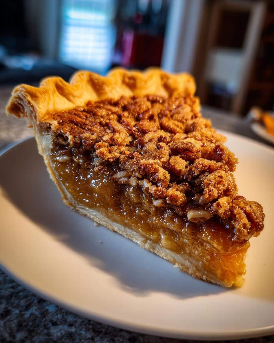 A tempting slice of Maple Pecan Pie on a white plate, showcasing a golden crust and rich filling with crunchy pecans.