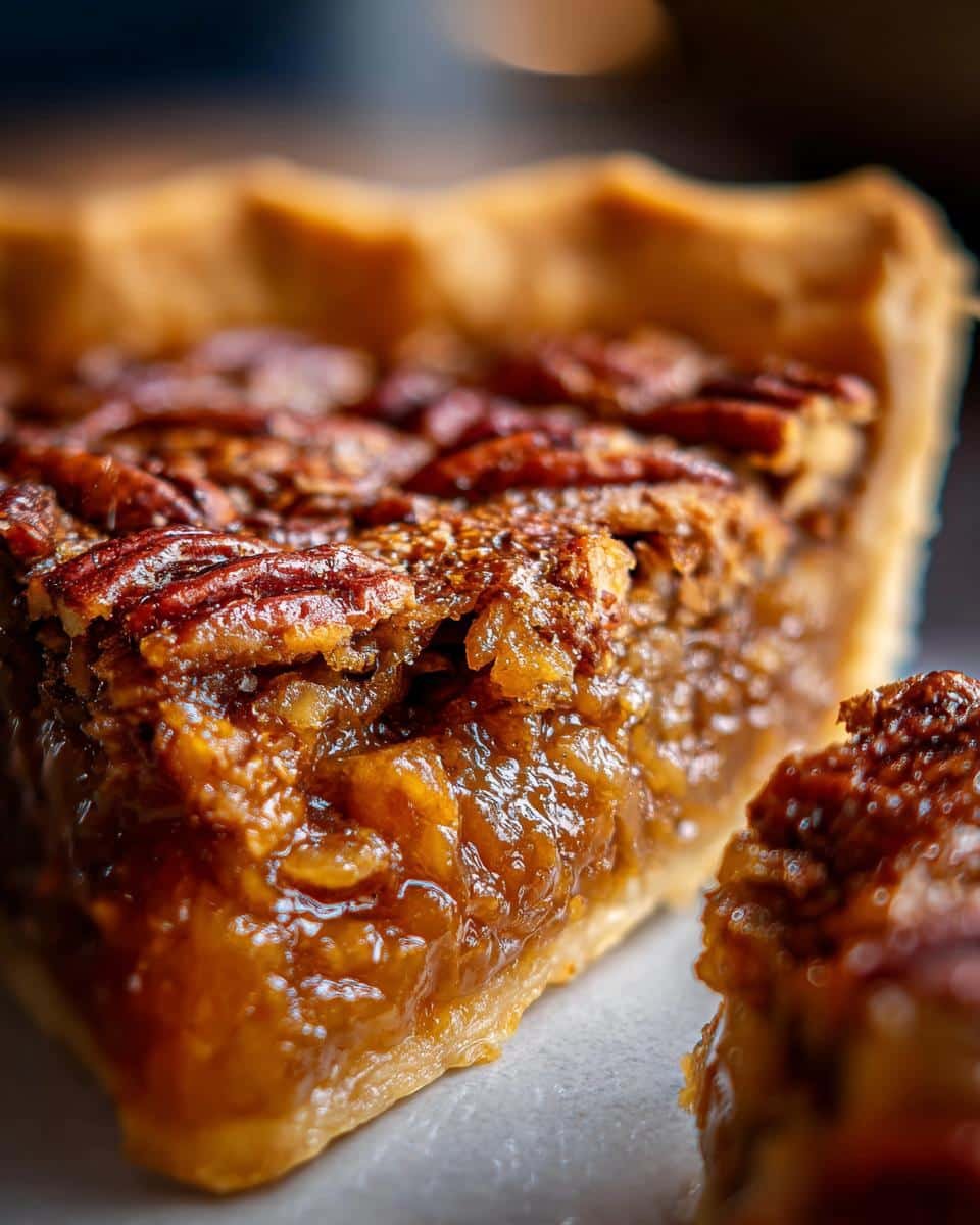 Close-up of a slice of rich Maple Pecan Pie, showcasing the gooey filling and whole pecans.