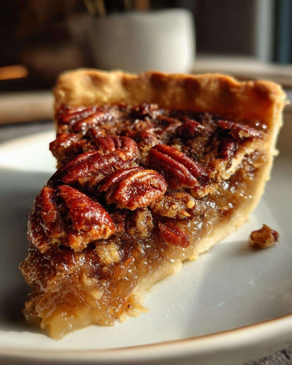 A close-up of a slice of delicious Maple Pecan Pie on a white plate, showcasing the flaky crust and gooey filling topped with whole pecans.