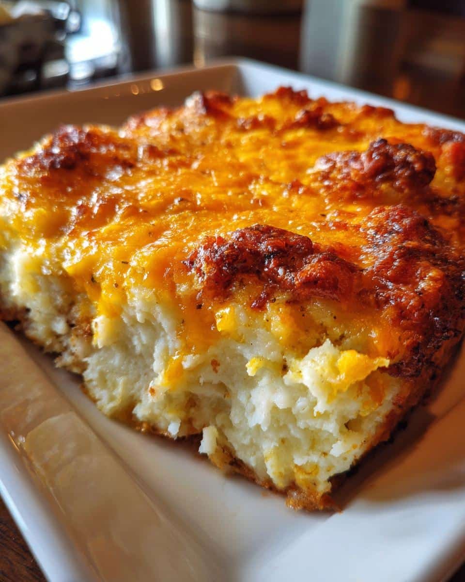 Amazing Mashed Potato Casserole: 30 Min Magic 9 A close-up of a golden-brown, cheesy Mashed Potato Casserole slice with a fluffy interior.