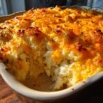 Close-up of a bubbling Mashed Potato Casserole topped with melted golden cheese and herbs.