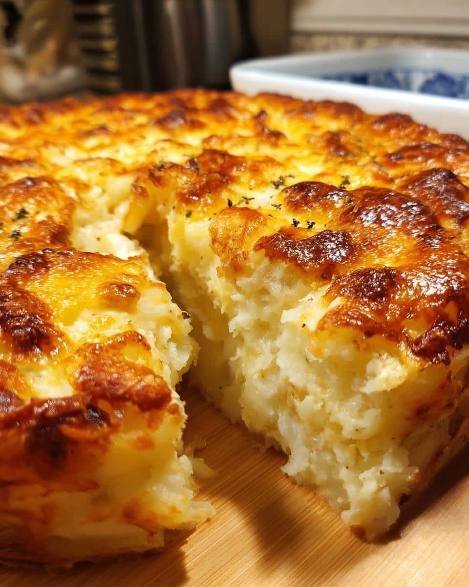Amazing Mashed Potato Casserole: 30 Min Magic 7 A close-up of a slice of golden brown Mashed Potato Casserole with a cheesy, bubbly crust.