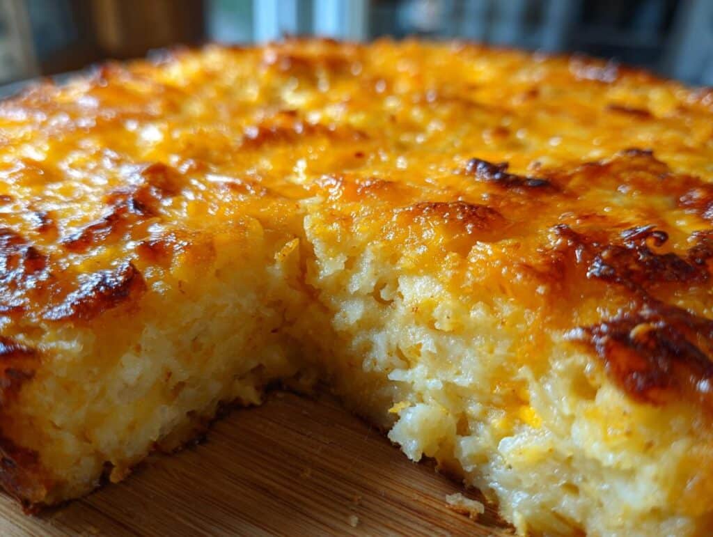 Close-up of a golden brown, cheesy Mashed Potato Casserole with a slice removed.