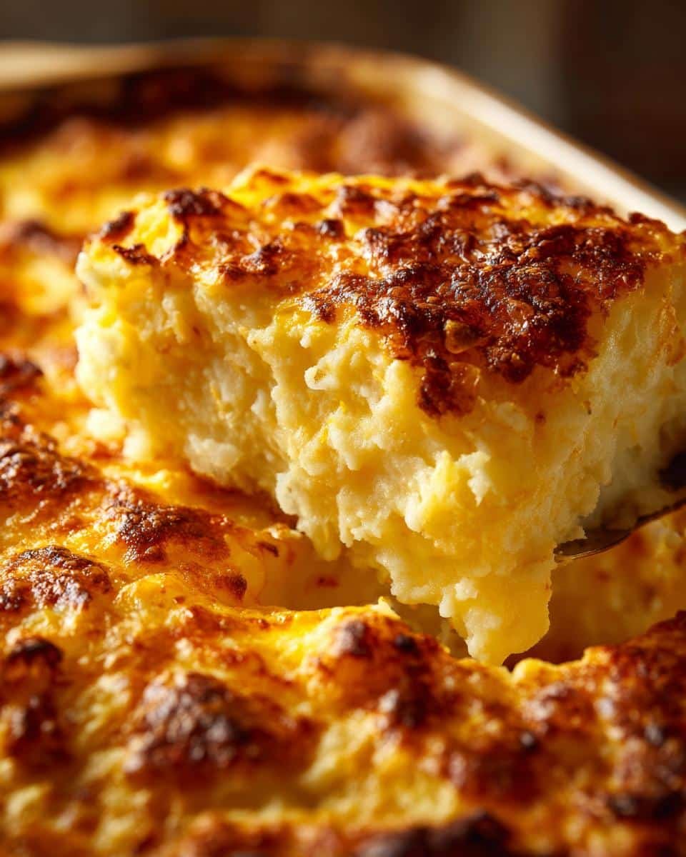 Amazing Mashed Potato Casserole: 30 Min Magic 8 A close-up of a golden-brown slice of Mashed Potato Casserole being lifted from a baking dish.