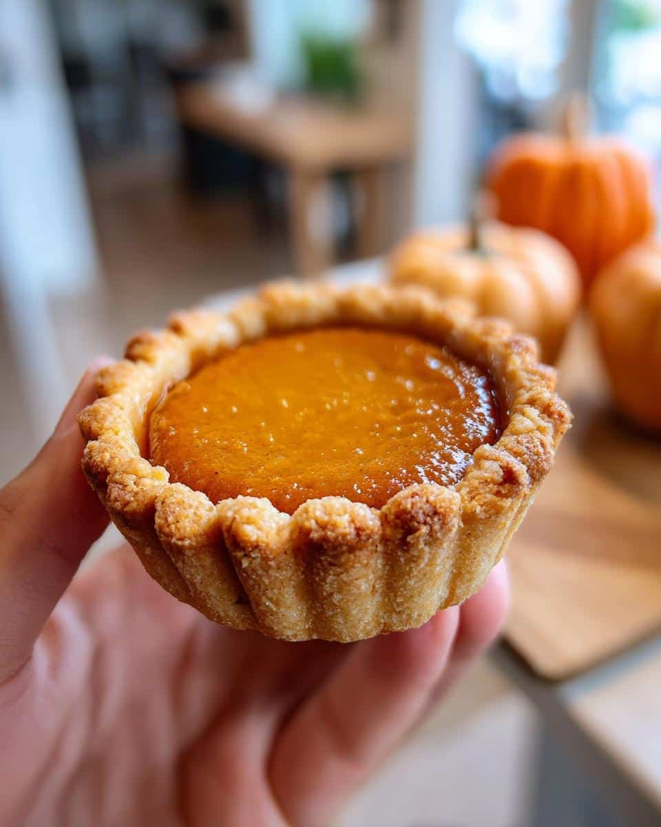 25 Amazing Mini Pumpkin Pies 9 A hand holding a delicious mini pumpkin pie with a golden crust and smooth, orange filling.