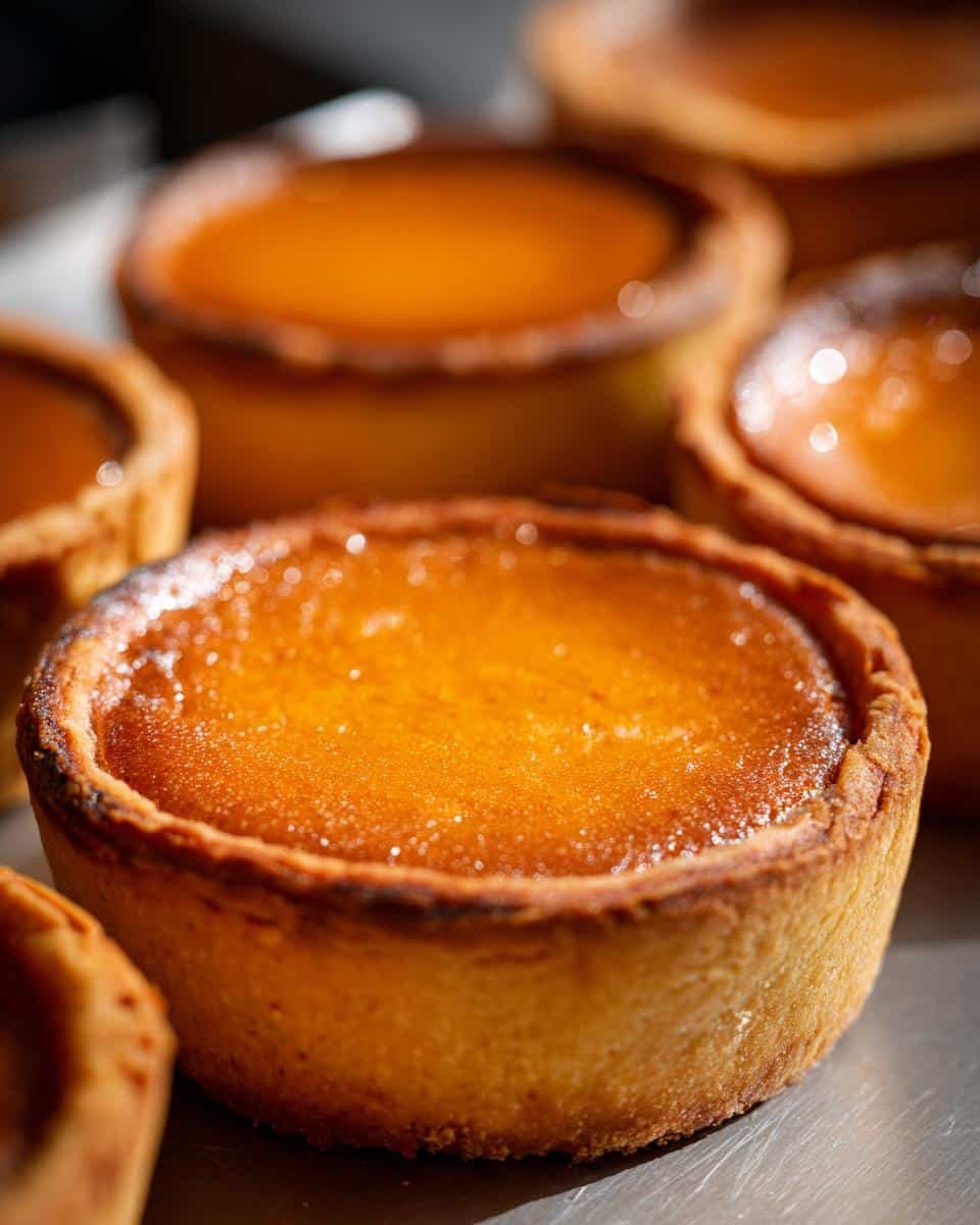 25 Amazing Mini Pumpkin Pies 8 Close-up of several glistening mini pumpkin pies with golden crusts.