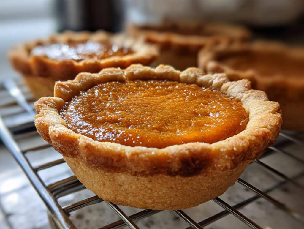 Close-up of a golden-brown mini pumpkin pie with a flaky crust, resting on a wire cooling rack.