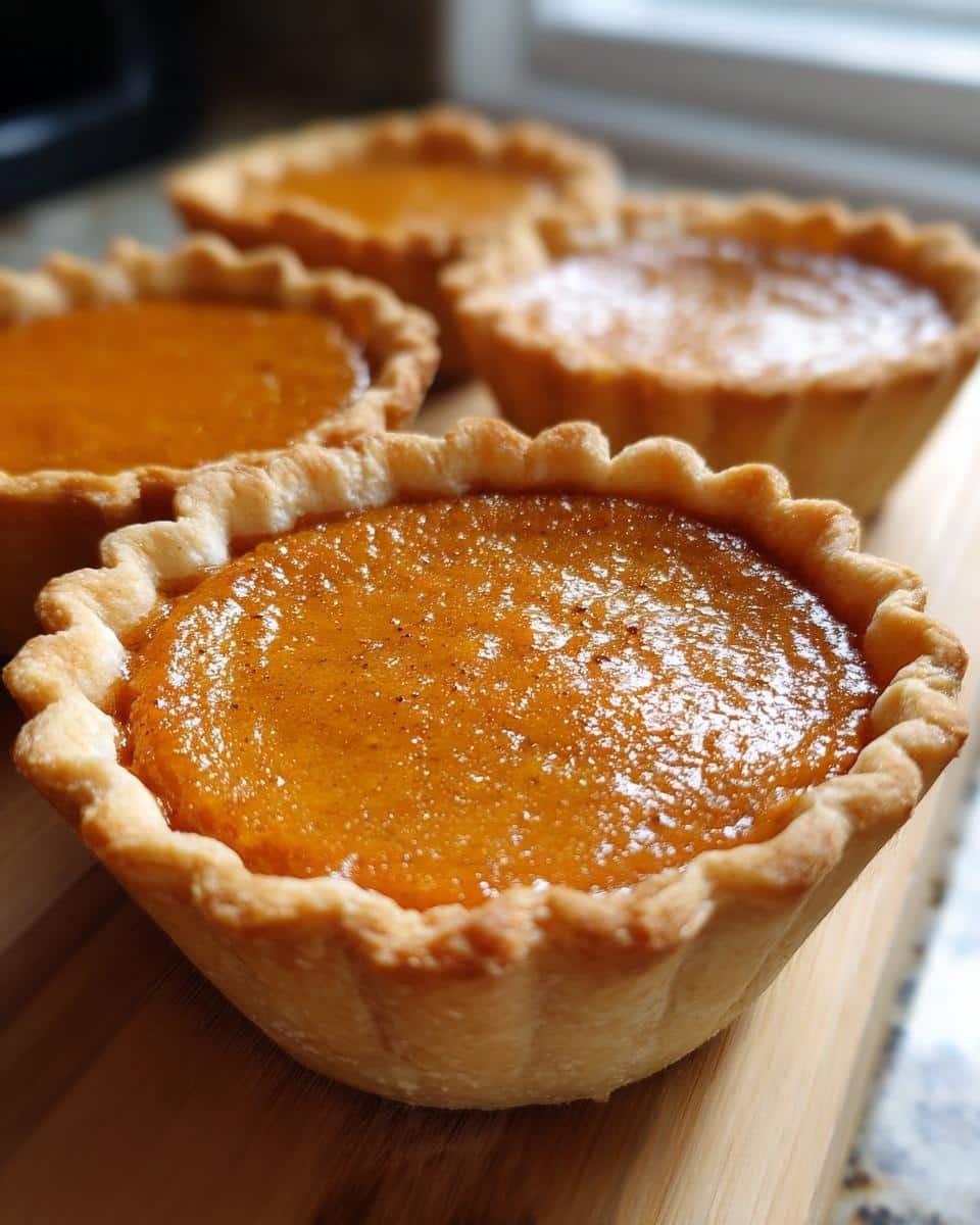 25 Amazing Mini Pumpkin Pies 7 Close-up of several mini pumpkin pies with golden flaky crusts and smooth pumpkin filling.