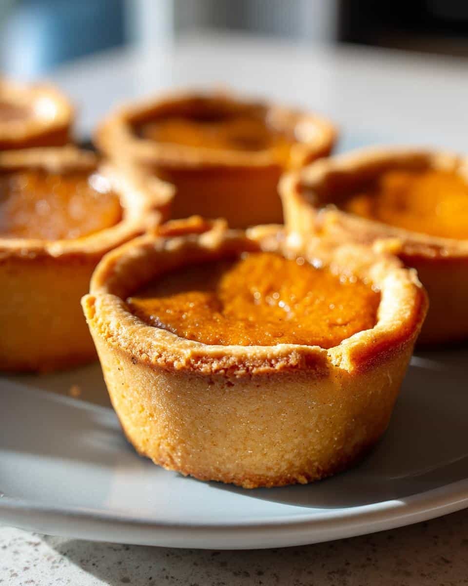 25 Amazing Mini Pumpkin Pies 6 Close-up of several delicious mini pumpkin pies with golden crusts and smooth pumpkin filling.