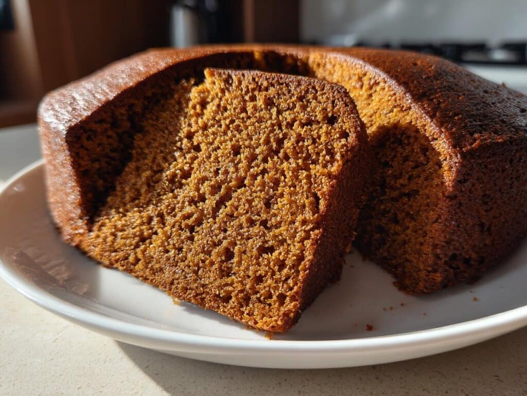 A slice of moist Gingerbread Cake on a white plate, showcasing its rich brown color and fluffy texture.