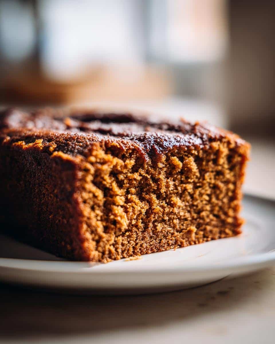 A close-up of a moist slice of homemade Gingerbread Cake on a white plate.