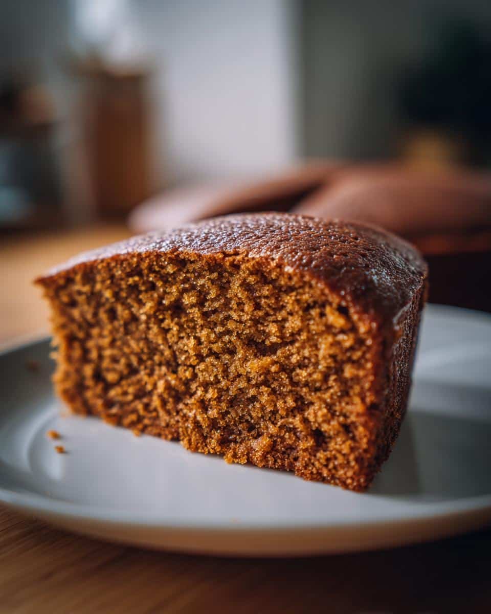 A close-up view of a moist slice of gingerbread cake on a white plate.