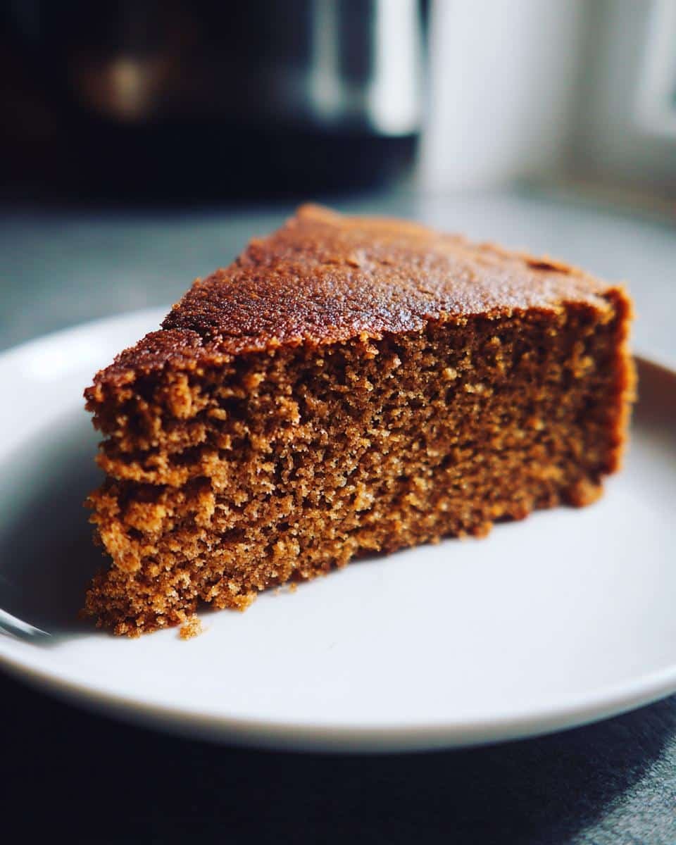 A close-up of a moist slice of Gingerbread Cake on a white plate.