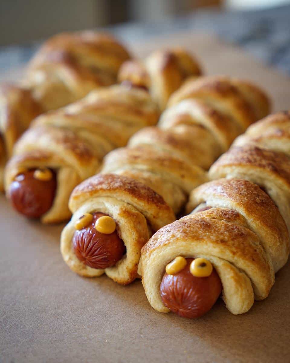 Close-up of several Mummy Hot Dogs, with pastry wrapped around hot dogs and mustard dots for eyes.