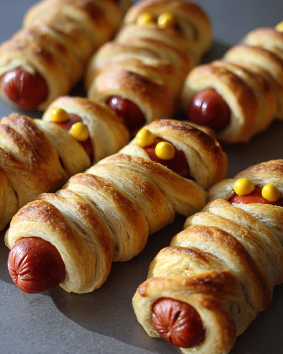 Close-up of several Mummy Hot Dogs, with hot dogs wrapped in pastry dough and decorated with mustard eyes.
