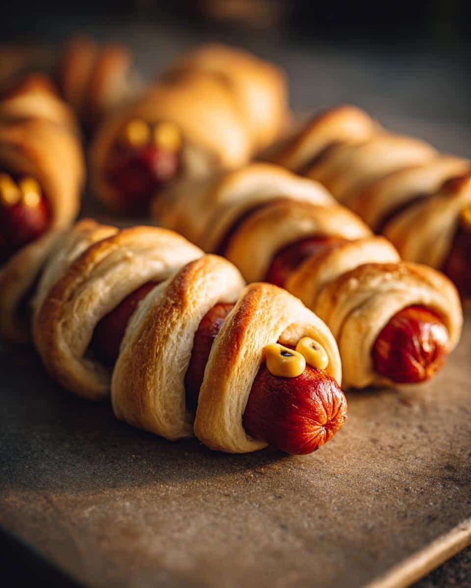 Close-up of Mummy Hot Dogs, hot dogs wrapped in pastry with mustard eyes, ready for a spooky treat.