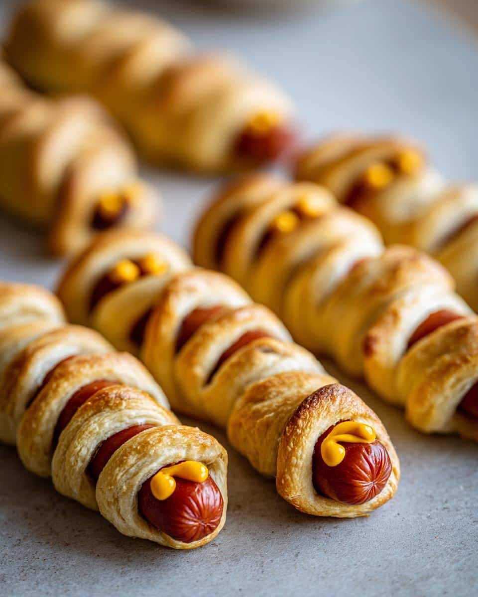 Close-up of Mummy Hot Dogs, a spooky Halloween snack, with golden pastry wrapped around hot dogs and a dab of yellow mustard.